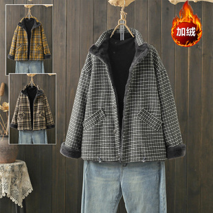 秋冬大码 宽松格子加绒加厚棉服百搭上衣 200斤羊羔毛棉衣外套韩版