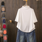 潮 打底衫 早秋大码 200斤半高领胖mm宽松堆堆领轻薄上衣T恤五分中袖