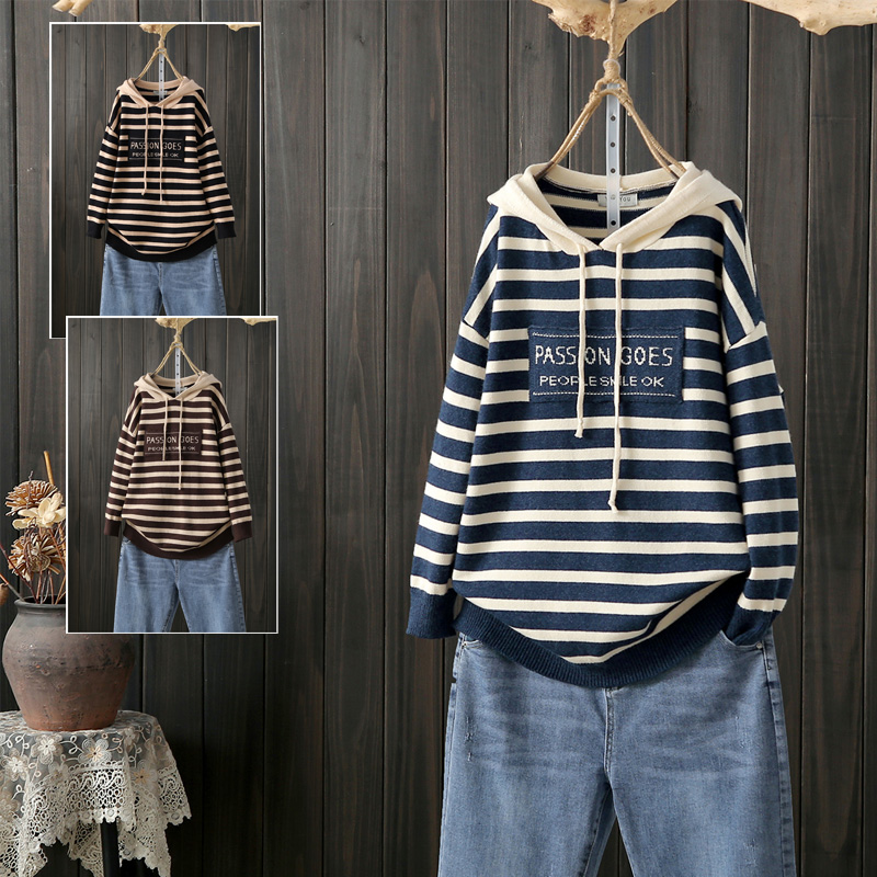 秋冬大码胖妹妹撞色针织衫200斤慵懒风连帽外穿条纹毛衣帽衫女潮