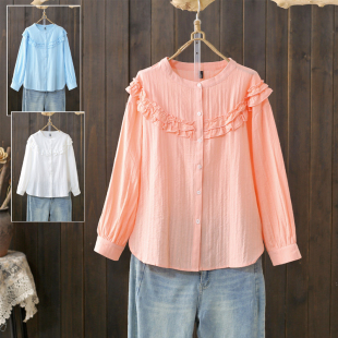 设计洋气百搭漂亮小衫 衬衫 荷叶边减龄上衣 200斤圆领法式 春秋大码