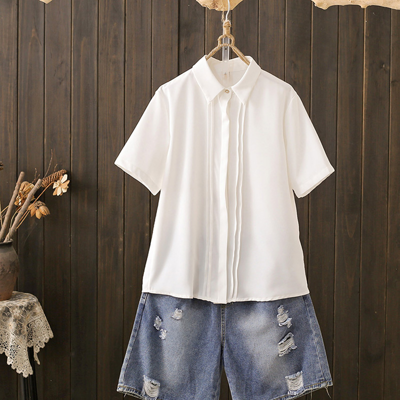 夏季大码200斤设计感百搭短袖雪纺衫法式褶皱垂感通勤职业衬衫潮