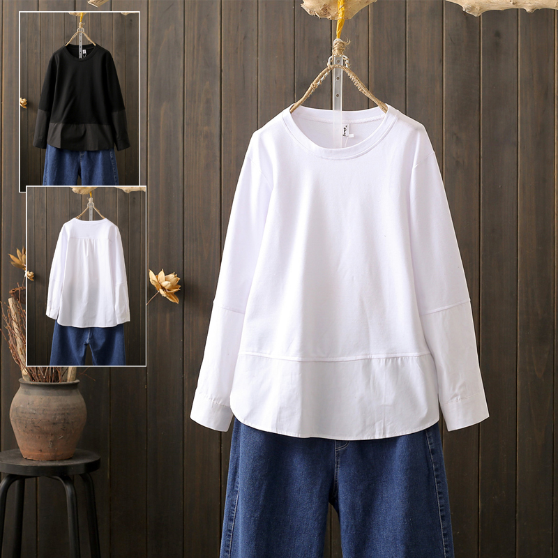 春秋大码200斤拼接圆领长袖T恤