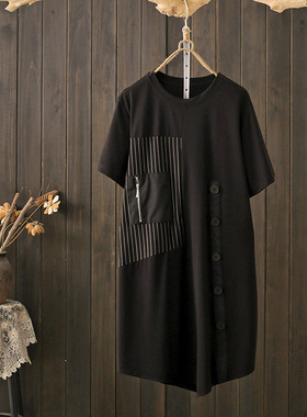 夏季大码200斤不规则黑色裙子胖mm时尚宽松小个子纽扣装饰连衣裙