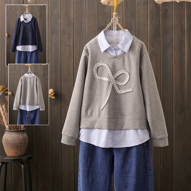 秋季200斤胖mm假两件休闲上衣