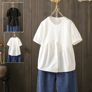 女法式 夏季 衬衫 200斤短袖 拼接遮肚子上衣设计感小众减龄衬衣 大码