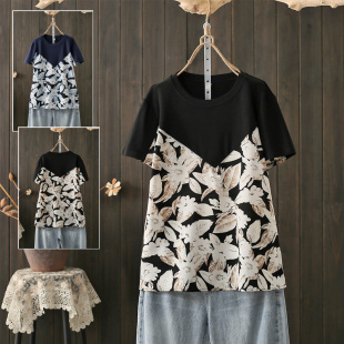 显瘦圆领短袖 200斤拼接撞色T恤胖MM韩版 印花假两件上衣潮 大码 夏季