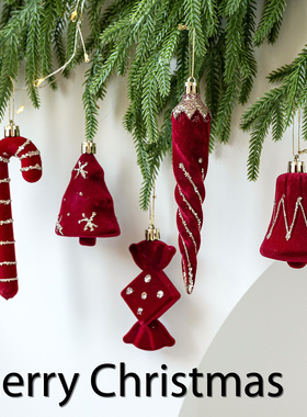 跨境新品红色植绒彩绘铃铛蝴蝶结拐杖挂件圣诞树装饰挂饰场景布置