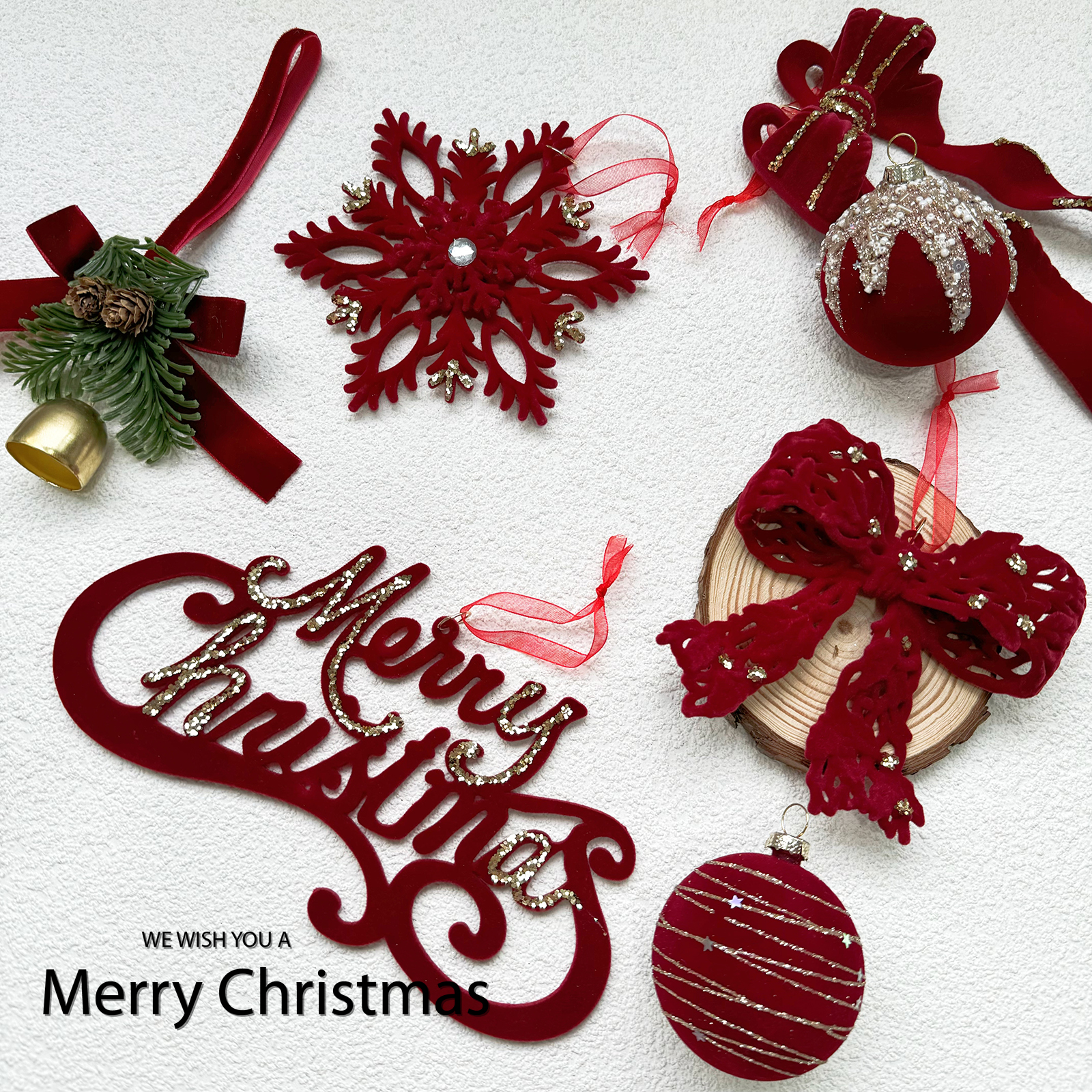 高档新品圣诞节装饰酒红色植绒花环蝴蝶结麋鹿挂件圣诞树装饰挂饰