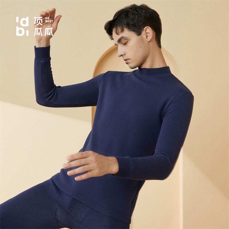 顶瓜瓜100%棉绒冬男士加绒加厚半高领保暖内衣套装男纯棉绒顶呱呱