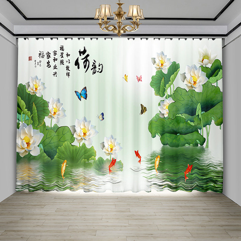 复古中国风窗帘中式水墨画荷花禅意客厅卧室2023年新款纱帘遮阳