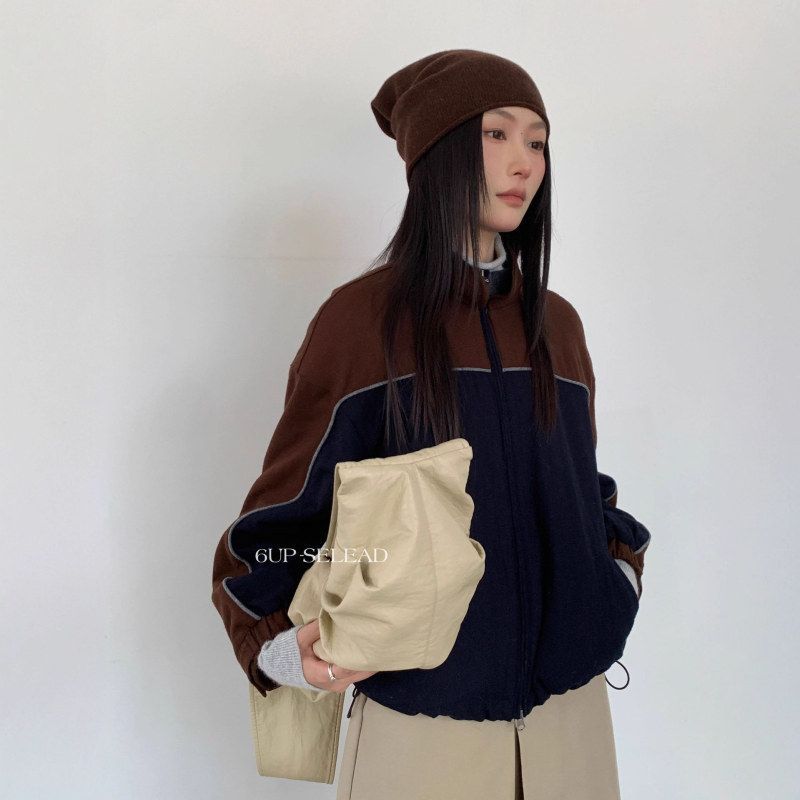 6UP韩系正品撞色毛呢夹棉立领外套女13行新款慵懒穿搭高级感50505