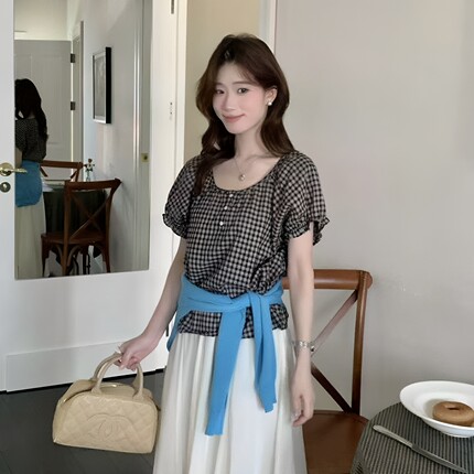 苏珊SUSAN 2026夏季新款韩版气质百搭设计感格子短袖小衫女5212S