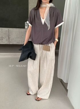 6UP 2026夏季韩系亚麻极简宽松条纹直筒裤女广州十三行新款60533