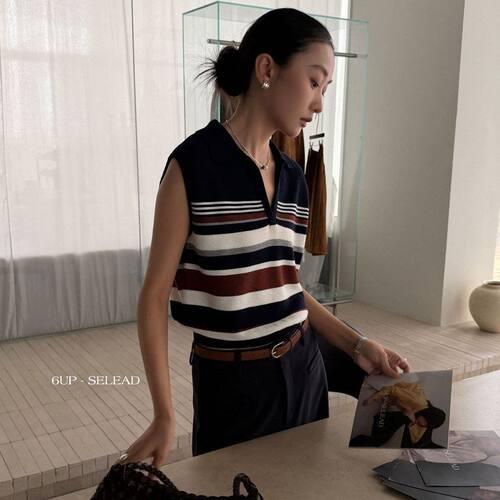 6UP早秋韩系复古风翻领条纹毛衣马甲女复古撞色拼色无袖叠穿61025