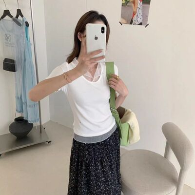 苏珊韩系翻领拼纱甜辣短袖T恤小