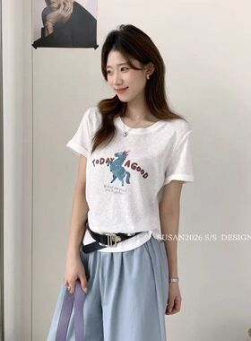 【SUSAN】韩版卡通印花正肩短袖T恤休闲宽松显瘦夏季上衣3288S