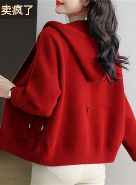 红色连帽棒球服短外套女春秋2025年新款宽松加厚拉链夹克开衫卫衣