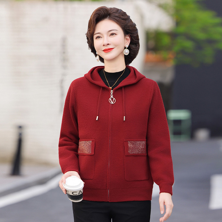 中老年妈妈装春秋装连帽毛呢外套女洋气喜婆婆外穿红色气质上衣服