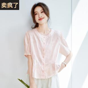 2025夏季新款法式刺绣复古百搭圆领超好看纯棉短袖收腰衬衫女上衣