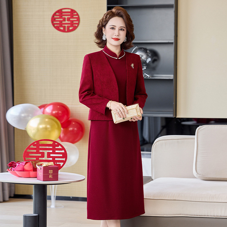 红色婚宴妈妈礼服两件套