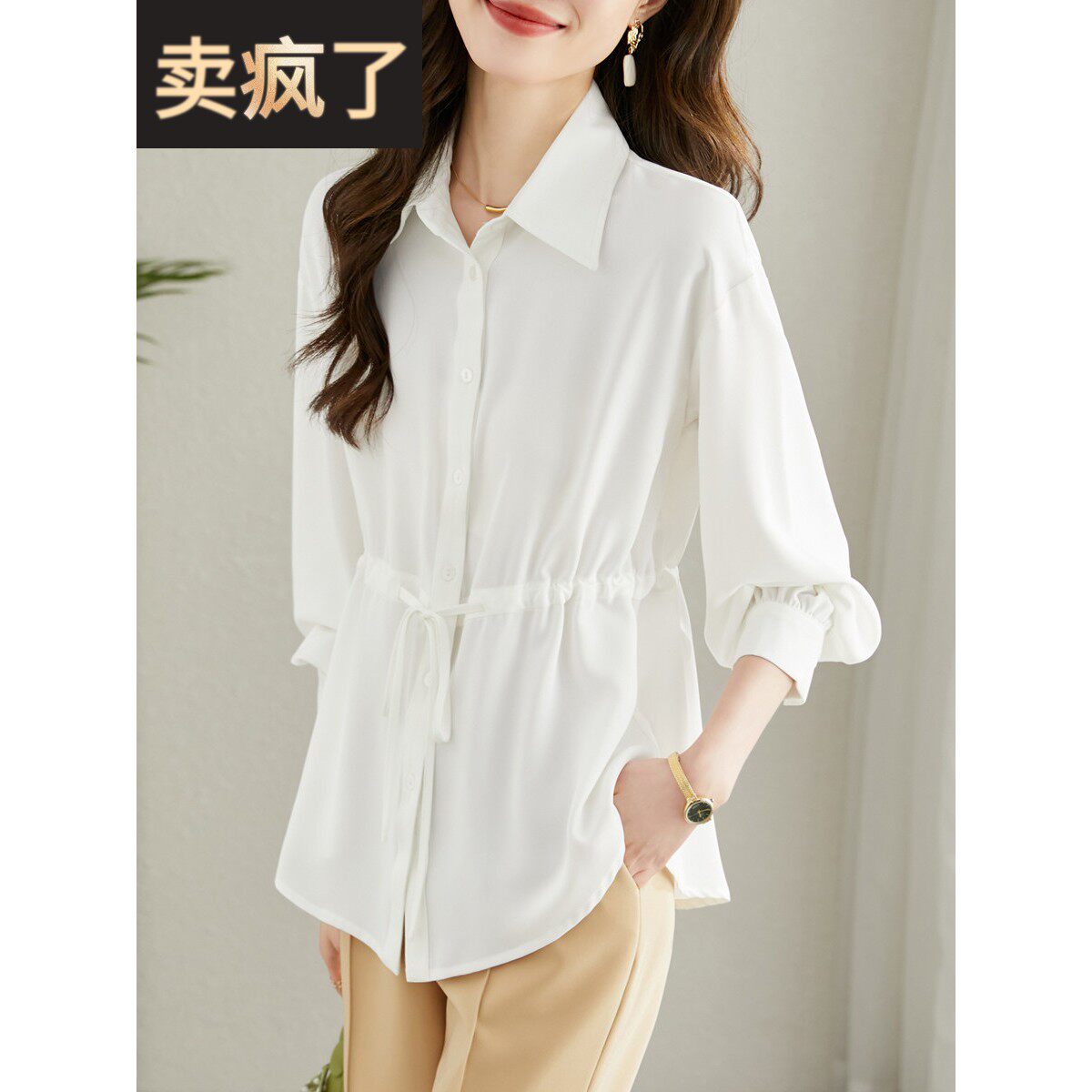2025新款秋季设计利基白色雪纺衬衫腰部宽松的腹部覆盖长袖上衣的
