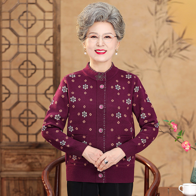 奶奶秋装碎花针织外套中老年女装针织开衫秋装半高领长袖上衣纽扣