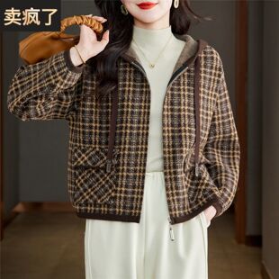 千鸟格子毛呢短外套女2025秋冬款高级感宽松夹克慵懒加厚连帽卫衣