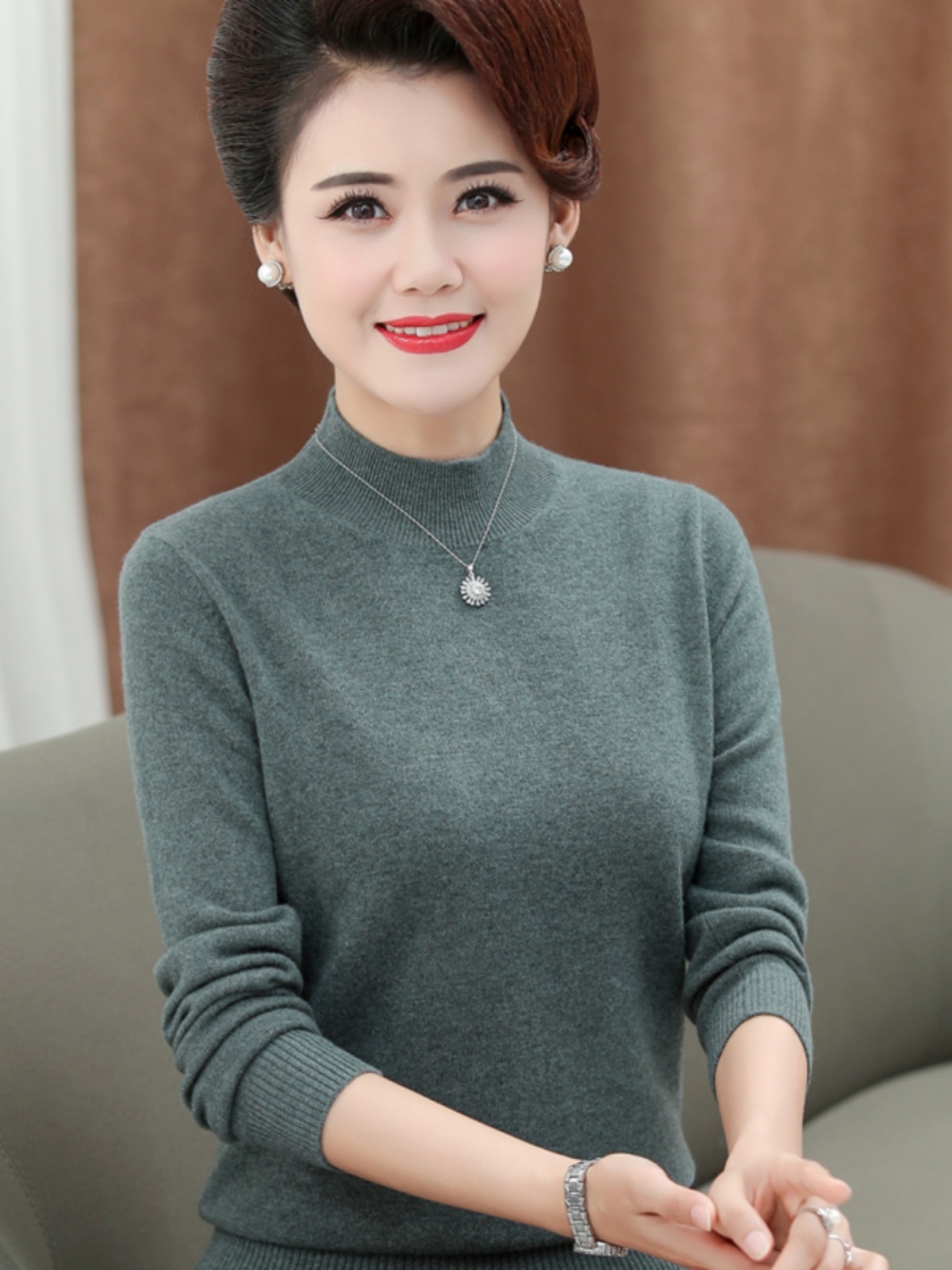 妈妈款100%羊毛衫中年女春秋冬内搭毛衣50岁60中老年人春装打底衫