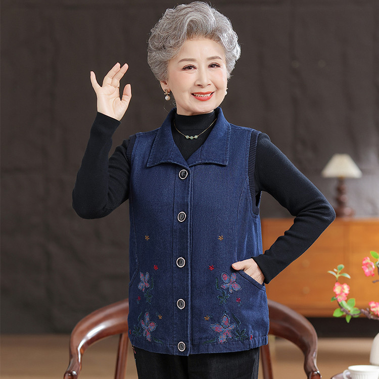 春秋中老年女纯棉牛仔马甲绣花