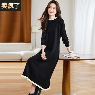 赫本风黑色内搭羊毛针织连衣裙女秋冬加厚木耳边打底毛衣裙配大衣