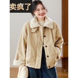 2025新款 加绒加厚翻领短外套女高级感气质宽松卡其色派克服 秋冬季