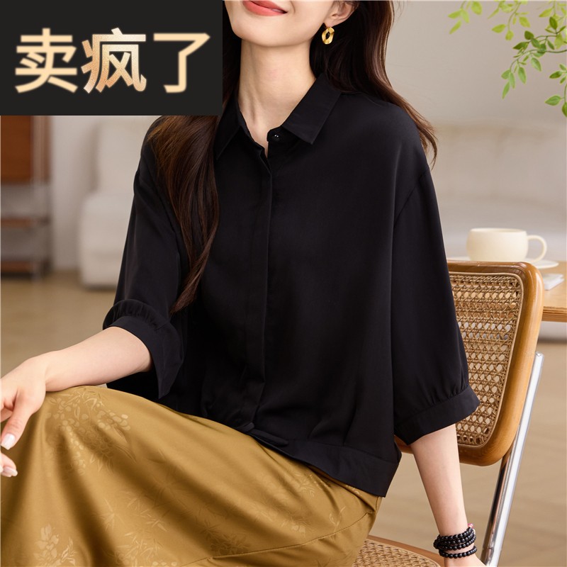 黑色雪纺蝙蝠衫t恤女夏装小翻领衬衣中袖系带宽松遮肚子衬衫上衣