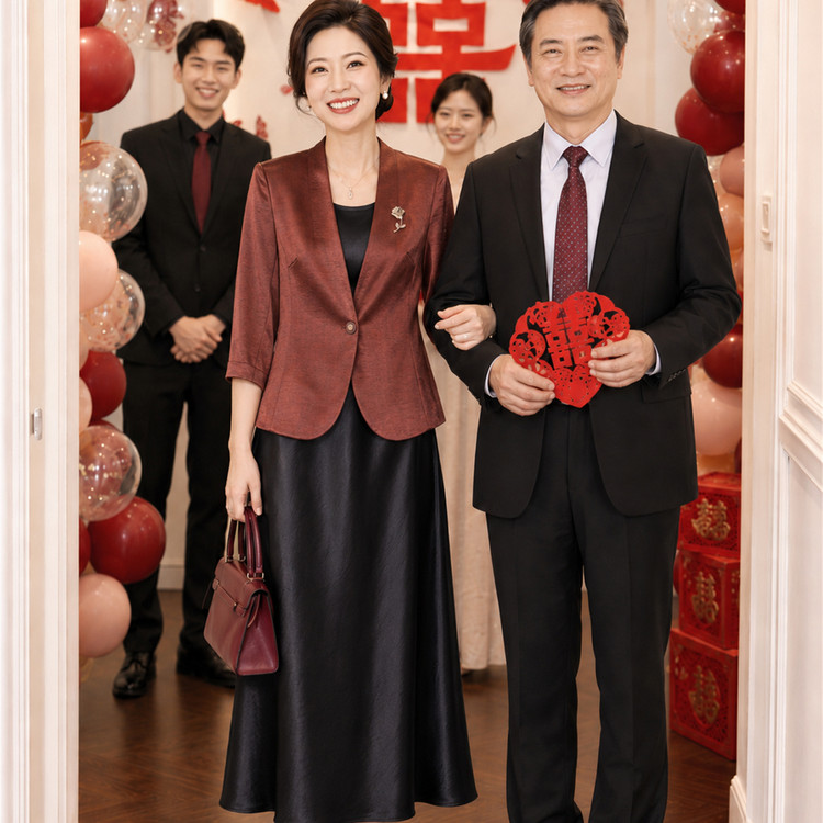 中年妈妈酒红婚宴礼服连衣裙套装