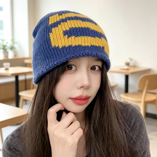 软糯S印花针织毛线帽子女子秋冬保暖休闲学生冷帽时尚百搭套头帽