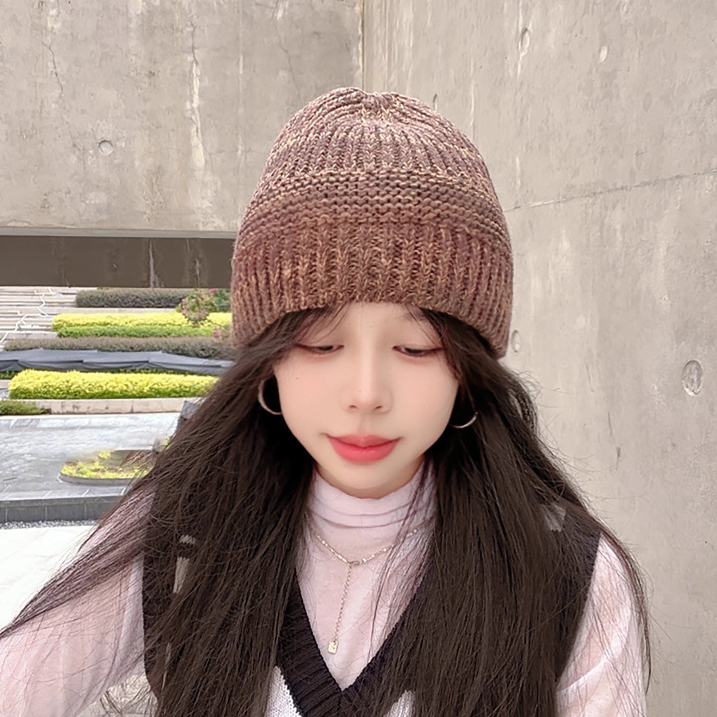 韩版复古混色针织毛线帽