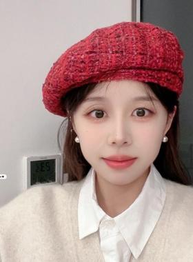 新年红色贝雷帽女小香格纹秋冬洋气时尚百搭网红日系气质画家帽潮