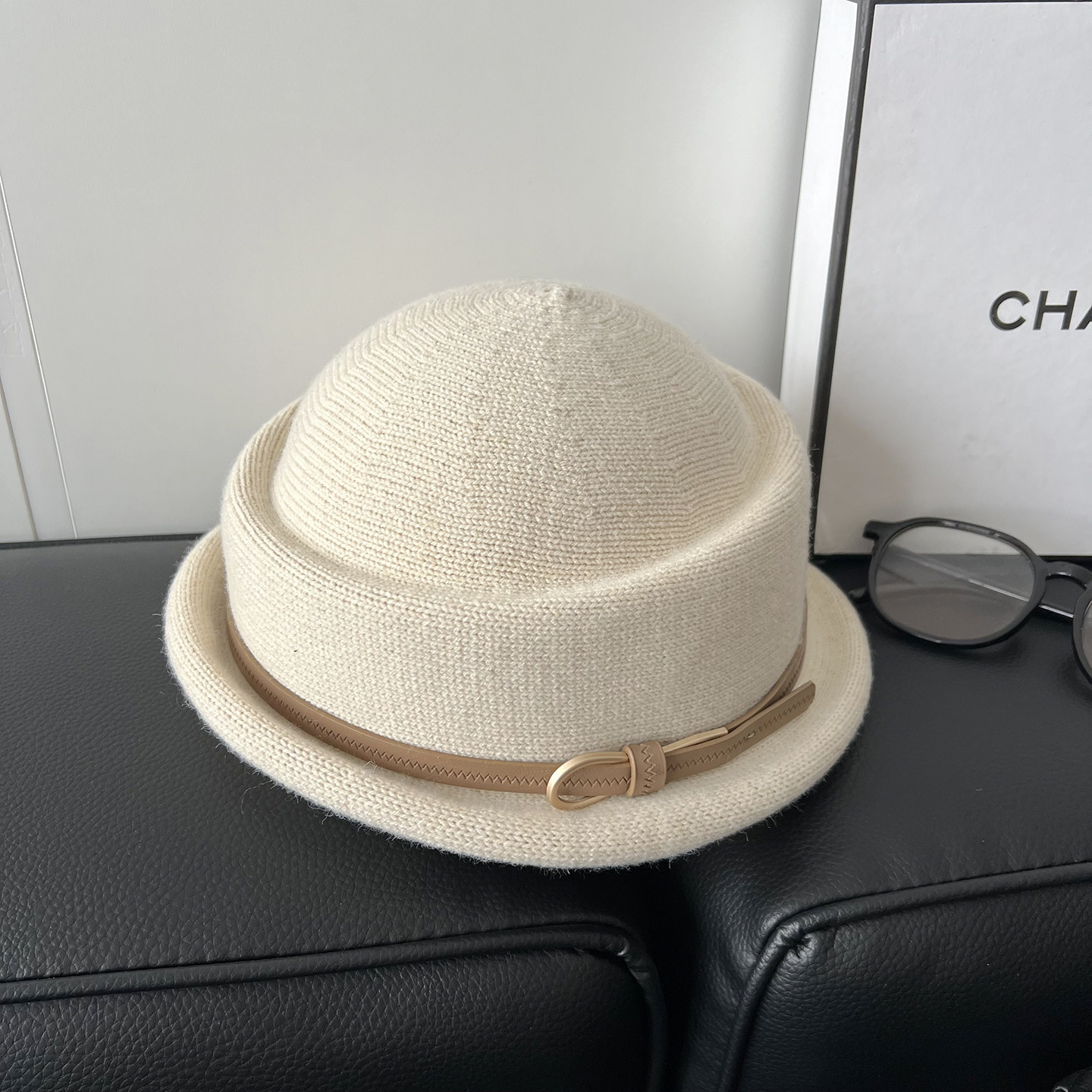 韩系新款针织礼帽子女皮扣圆顶百搭春秋气质小沿百搭时髦复古盆帽