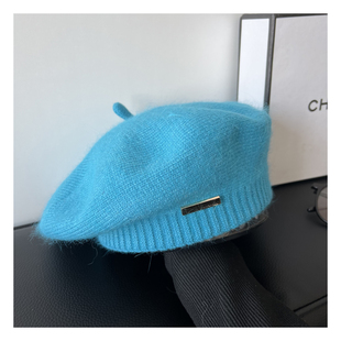 韩系双层蓝色针织毛线贝雷帽子女秋冬百搭画家帽复古显脸小蓓蕾帽