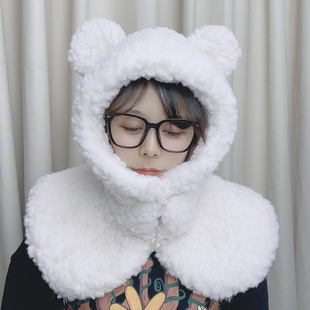 韩国可爱熊耳朵羊羔毛绒披肩雷锋帽子女保暖斗篷护耳防寒冬包头帽