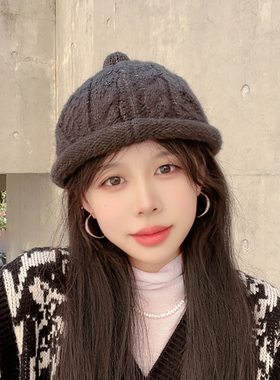 韩版麻花针织毛线瓜皮帽女秋冬雅痞圆顶奶嘴复古日系帽子男地主帽