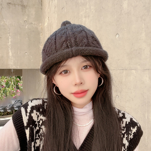 韩版麻花针织毛线瓜皮帽女秋冬雅痞圆顶奶嘴复古日系帽子男地主帽