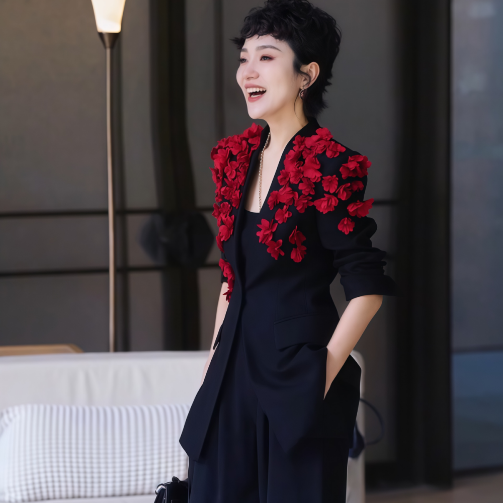 黑色收腰西装外套直筒裤套装女装