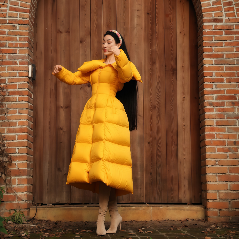 2025年冬季新款韩系时尚通勤小众长款纯色连帽收腰羽绒服外套女装