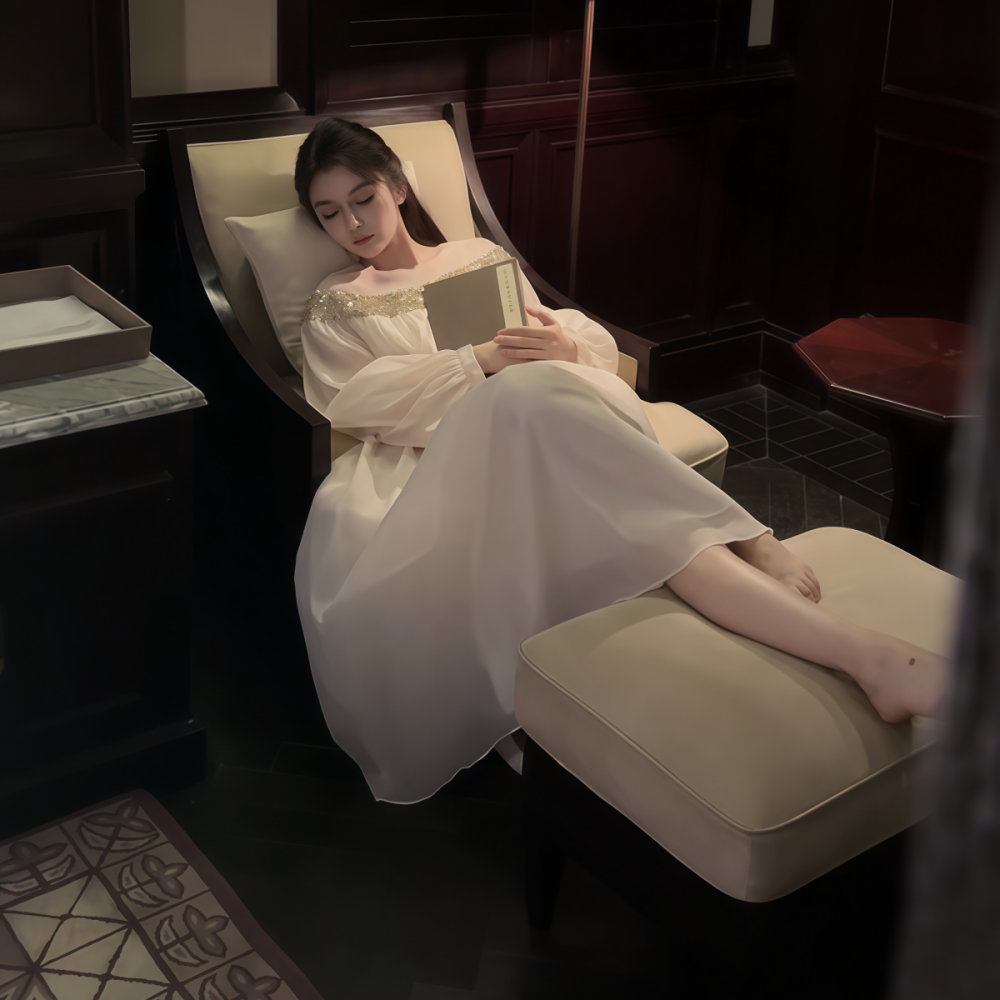 2025夏季新款法式简约宽松轻奢感乳白色长款亮片网纱长袖连衣裙女