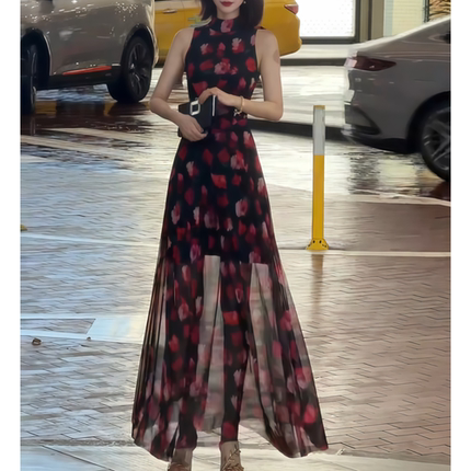 轻奢氨纶网纱水墨花卉印花高领无袖汉服汉服连衣裙长款连衣裙女