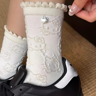 Hello Kitty袜子女花边堆堆袜卡通Kitty吊坠棉袜可爱春秋季中筒袜