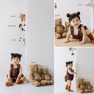 小熊刺绣哈衣男宝女宝百天周岁摄影拍照服装长颈鹿动物主题写真