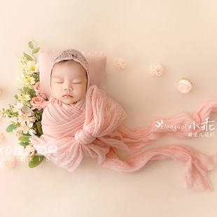 KD满月裹布新生儿摄影蕾丝帽子初生宝宝拍摄仿真花背景影楼主题