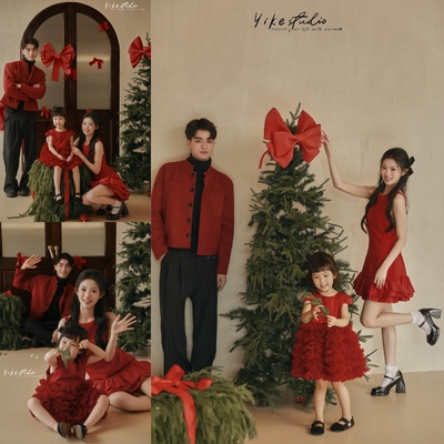 全家福亲子装摄影服装影楼一家三口红色新年主题拍照衣服礼服裙