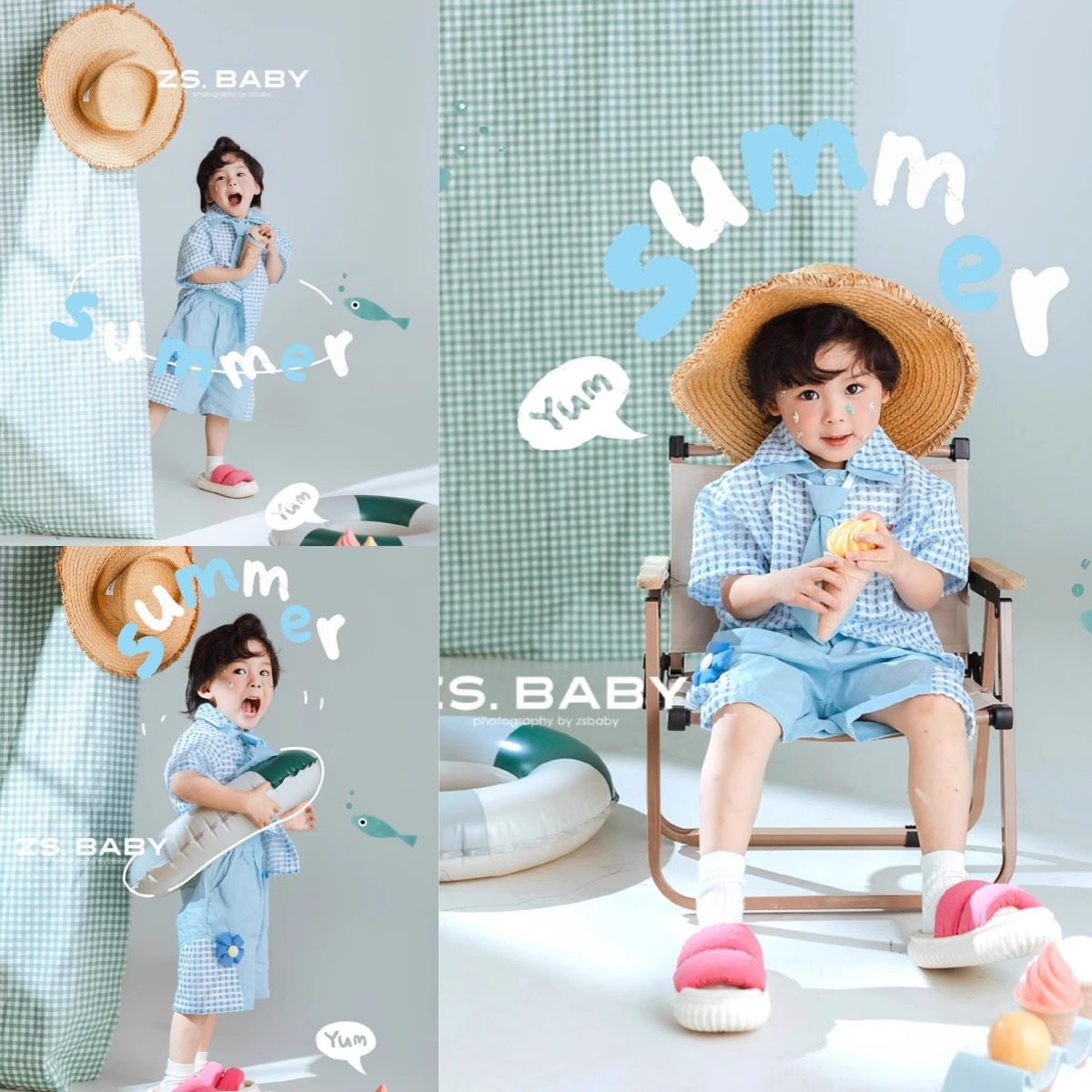 儿童摄影服装夏季新款格子套装影楼拍照主题男童女童照相衣服道具